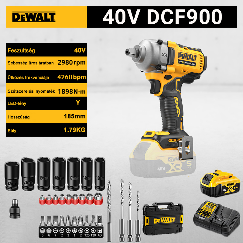 【DEWALT F900】Telo + 1 batéria + 1 nabíjačka, maximálny krútiaci moment 1898NM, 40V vysokokapacitná lítiová batéria s výdržou až 36 hodín na jedno nabitie.