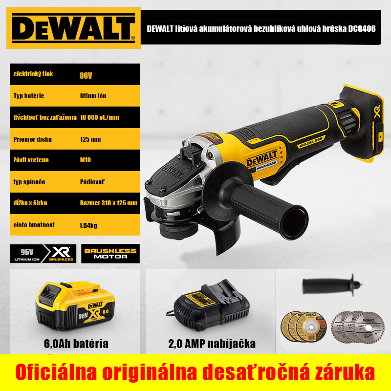 96V 1600W úhlová bruska Dewalt + lithiová baterie + 18AMP nabíječka