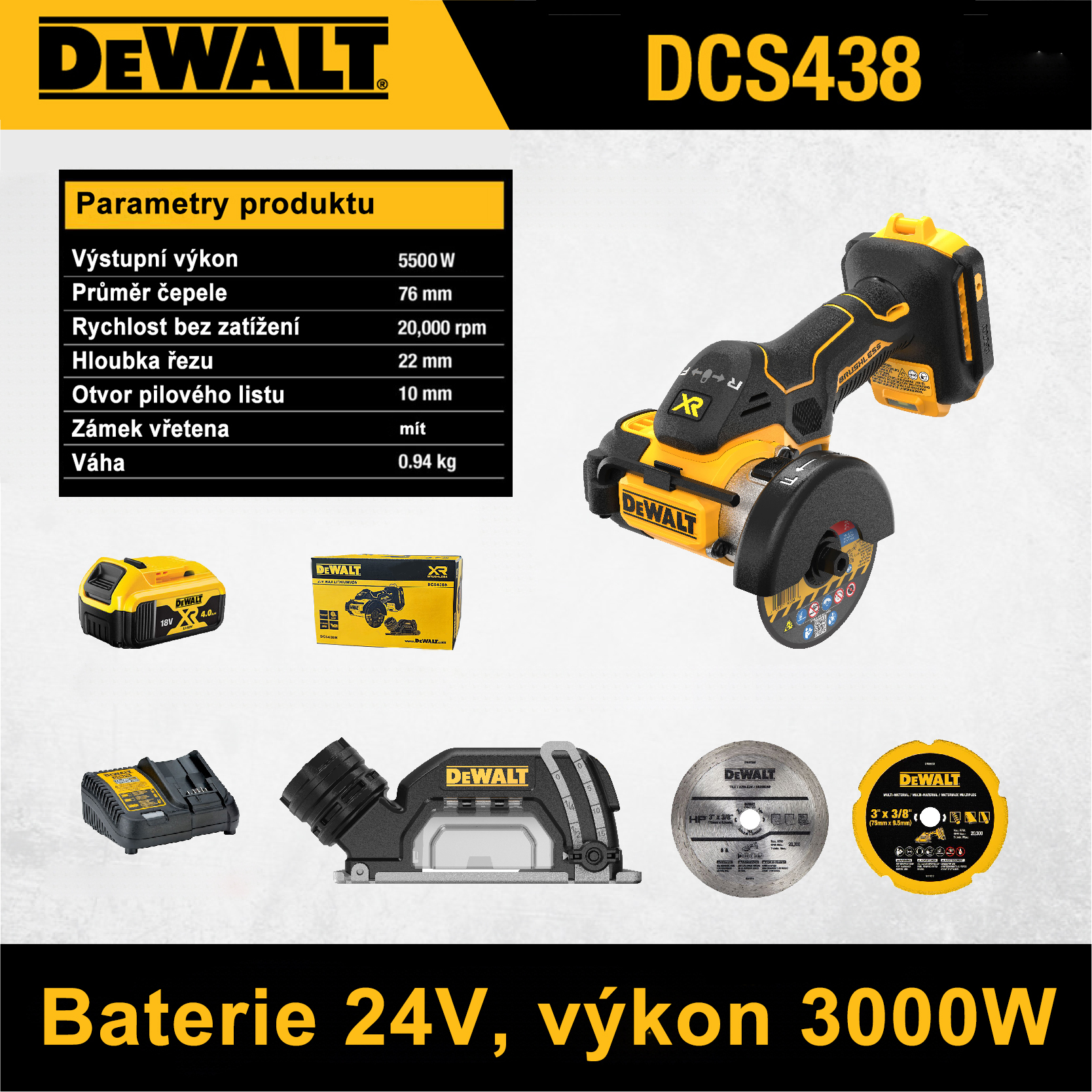 24V 3000W řezací stroj Dewalt + lithiová baterie + příslušenství